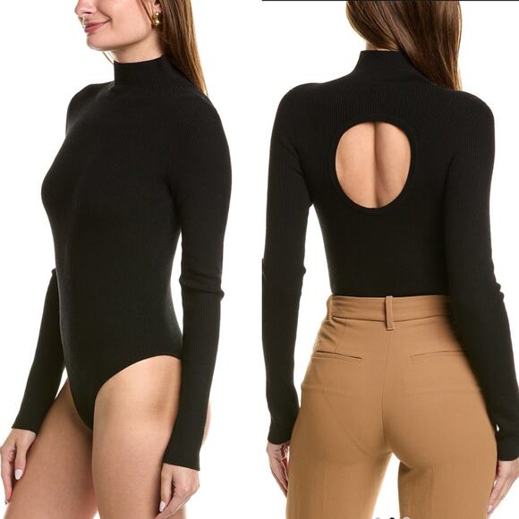 NWT REBECCA TAYLOR BODYSUIT L BLACK MERINO WOOL RIB CUT OUT TURTLENECK SOFT KNIT - Picture 1 of 5